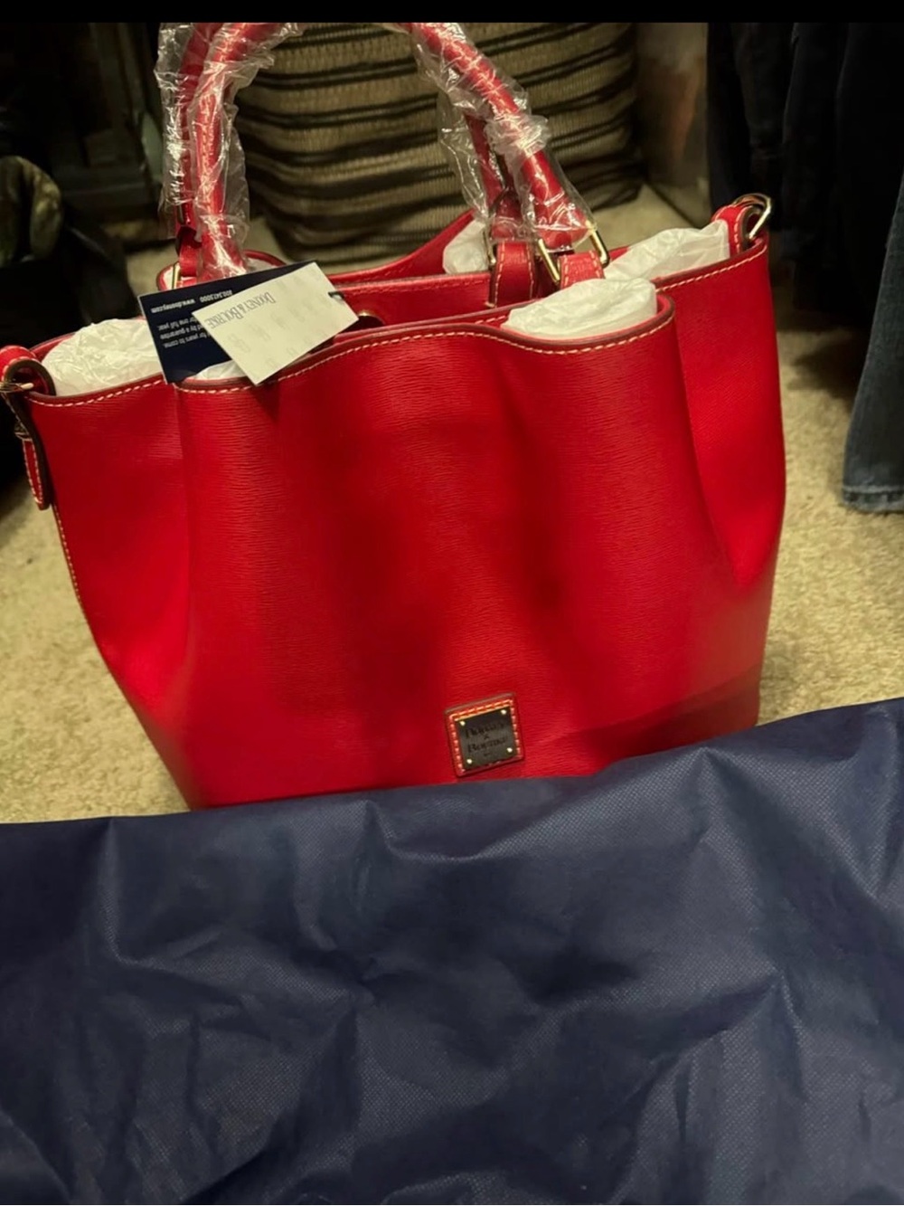 Dooney & Bourke Red Saffiano Leather Tote with Gold Plaque - Picture 4 of 5